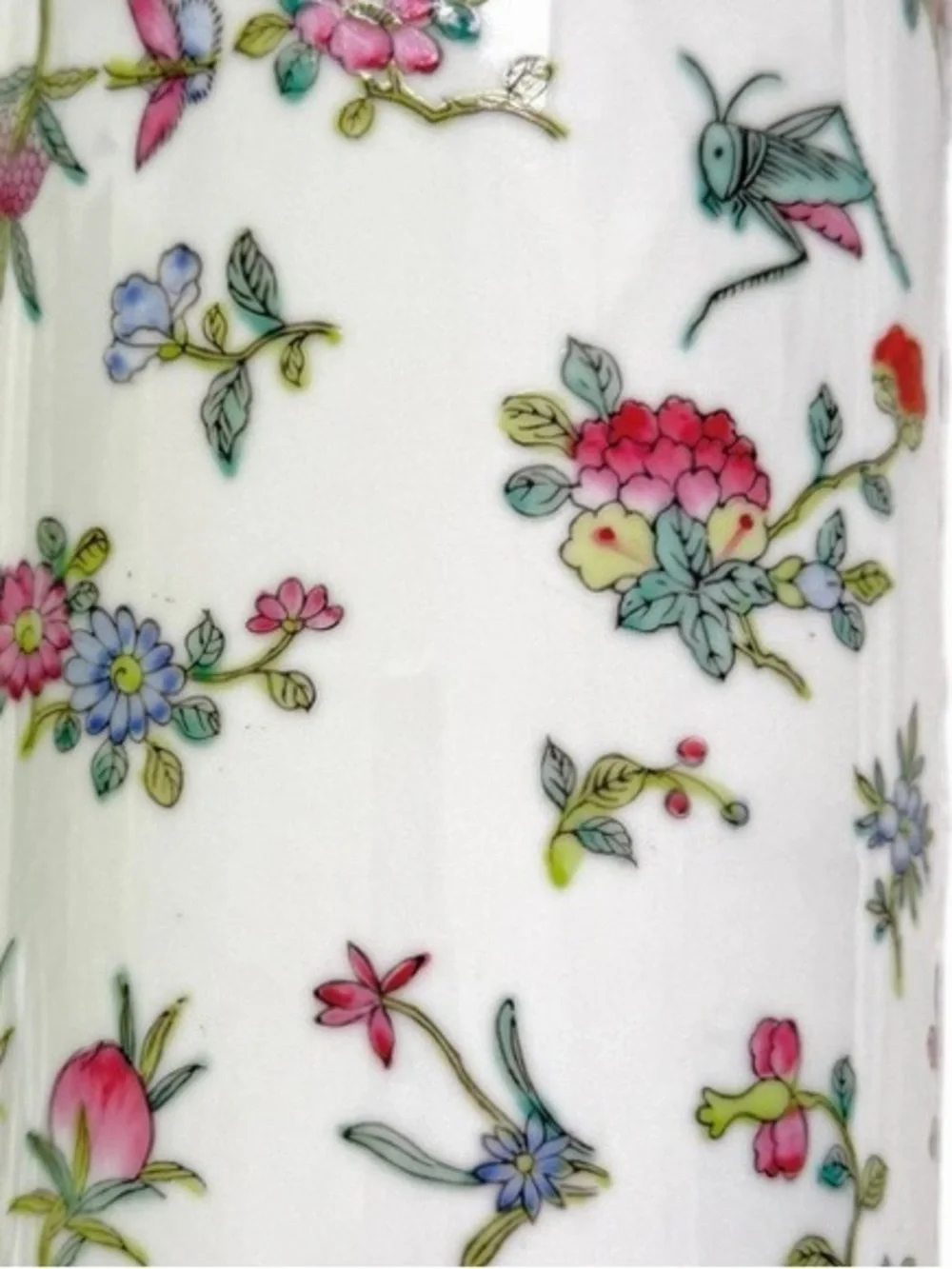 Chinese Famille Rose Hand Painted Porcelain Cylinder Vase 10.75” Gold Rim